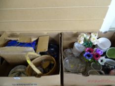 Two boxes of mixed porcelain, glassware, haberdashery items