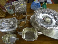 Good looking four piece electroplate tea service, galleried tray, swing handled basket, silver caddy