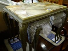 Good nest of three onyx topped oblong coffee tables on brass hoof corner supports