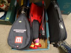 Box of outdoor items including flippers, racquets, laptop bag etc