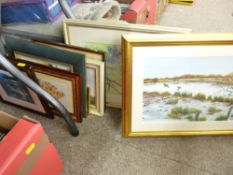 Mixed parcel of items including paintings, prints, Chinese washed rug, bedspread etc