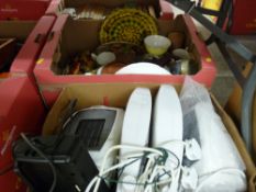 Box of mixed porcelain, pottery and a box of electrical items E/T