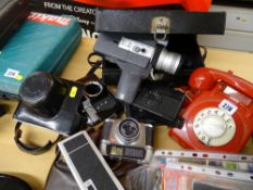 Red dial telephone, vintage cameras in cases etc