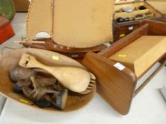 Parcel of treen including yacht, carved native figures etc