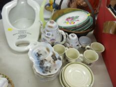 Small iron handled brass pan, four wall hanging plates, Boots slipper chamber pot, Oriental