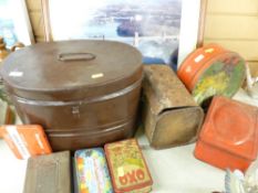 Metal hat box and other vintage tins