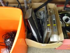 Box of Sky HD box, Hitachi DVD player etc and a tub of phones E/T