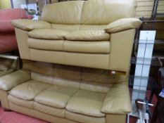 Excellent tan leather three seater settee, matching two seater settee with armchair and footstool