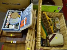 Basket of haberdashery, wicker basket of knitting items, treen items etc