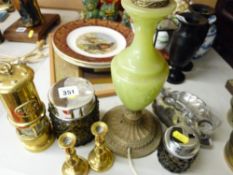Ornamental miner's lamp, onyx table lamp etc