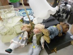 Parcel of mixed items including jewellery boxes, porcelain headed dolls, table lamp etc