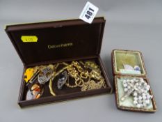 Parcel of mixed yellow metal jewellery, sterling silver brooch with centre stone, white metal