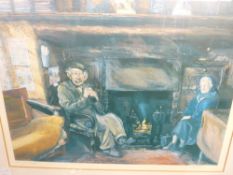 KEITH ANDREW coloured print - two elderly figures by an interior fireside, signed and entitled 'Efan