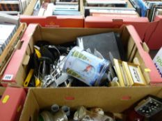 Box with large quantity of cutlery including good Chef's knives and a box of kitchen items