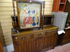 Polished rustic court cupboard and a barley twist framed tapestry firescreen