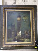 Houses of Parliament painting with musical chiming clock and movement