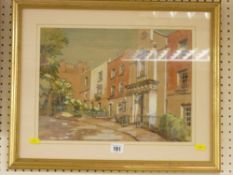 LEONARD GRIMBLE watercolour - street scene of railings in front of buildings 27 x 36 cms
