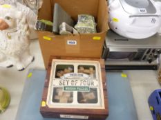 Small quantity of layout scenery, a boxed set of wooden puzzles and a folder full of letter decals