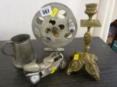 Large aluminium fishing reel, a pewter christening mug etc