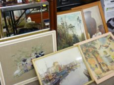 Good wooden framed bevelled wall mirror and a parcel of paintings, prints etc