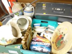 Mixed selection of Victorian wash jug and bowl sets, a vintage suitcase and a crate of mixed