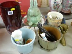 Bunny teapot, an amethyst art glass vase, a quantity of pottery planters etc