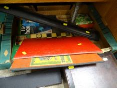 Box of mixed collectables including snooker cues, wooden boxes, vintage board games etc