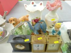 Three modern carriage type clocks, a Victorian milk glass vase, three figural ornaments etc
