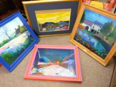 E BIRKIN four oils on board - colourful countryside scenes