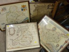 Four framed reproduction maps and a single gilt picture frame