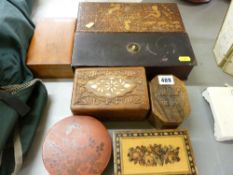 Collection of various boxes in Tunbridge ware, Oriental lacquer, pokerwork etc