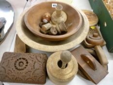 Collection of dairy and other treen items including bowls, butter stamps and pats etc