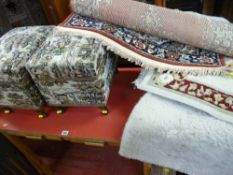 Pair of small upholstered storage/footstools and a quantity of small rugs