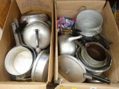 Two boxes of vintage pots, pans and kettles etc
