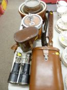 Pair of French binoculars, two leather binocular cases, vintage lovespoon, leather belt etc
