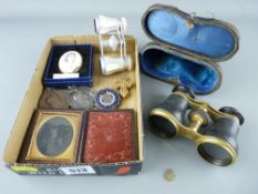 Cased Daguerreotype, two pairs of opera glasses, two singing award medallions, an 1887 enamel