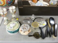 Pair of mercury glass vases with various dressing tableware including a silver topped pot and an