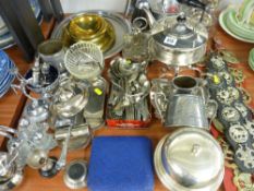 Plated spirit kettle on stand, other EP ware, cutlery and metalware along with a quantity of horse