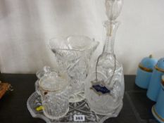 Vintage decanter and stopper with sherry label along with further vintage glassware