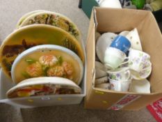 Crate of relief moulded wall chargers and a mixed box of various china teaware