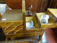 Wooden cantilever sewing box and contents