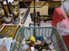 Metal twist candelabra and a crate of ornamental china