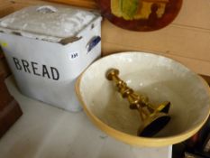 Vintage enamel bread bin, a large pottery mixing bowl and two brass candlesticks