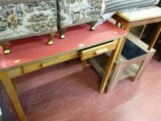 Vintage red formica topped table with two drawers and a tiled top coffee table and one other