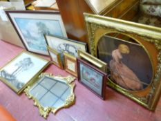 Good oval gilt picture frame and a parcel of paintings, prints and mirrors etc