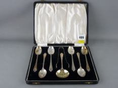 Cased set of six silver spoons with sugar sifter and tongs