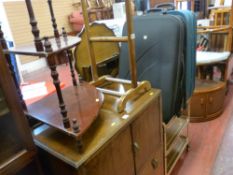 Parcel of two modern suitcases, gent's valet, corner whatnot and a metal trolley