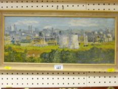 Oil on board - industrial scene, unsigned, 17 x 41 cms