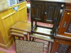 Small two door wooden hutch cupboard and a small tiled top occasional table, tooled top nest of