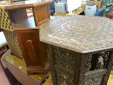 Parcel of two string topped stools, small hexagonal cabinet and an octagonal carved and fretwork
